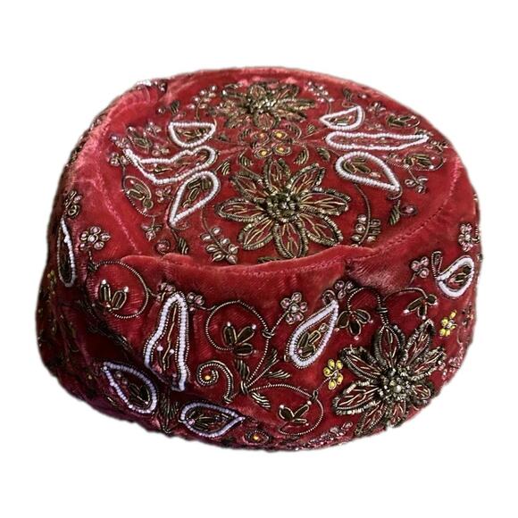 Evelyn Varon Velvet Beaded Pillbox Hat 1950s Cocktail Turban Floral Union Vtg - Picture 11 of 15